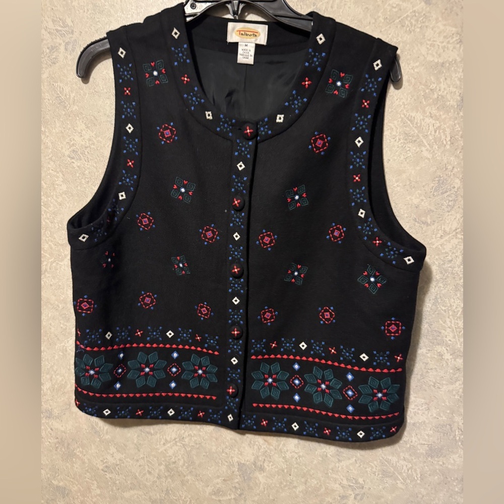 TALBOTS Women Size M Black SLEEVELESS grandma VEST Wool Blend Floral top